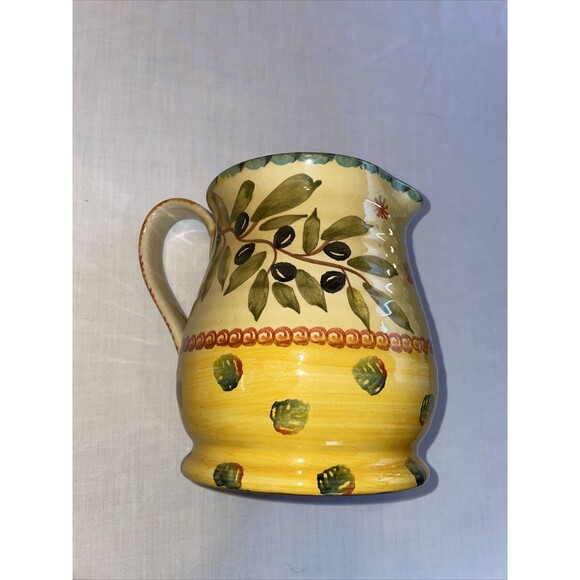 Italica ARS Pottery Pitcher 7” Tall 5” Wide Yellow Beige Olive Branch Handle - Picture 3 of 12